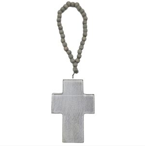 Wooden Beads Christian Cross Door Hanger Decor Beads Stretch White Wash Distress